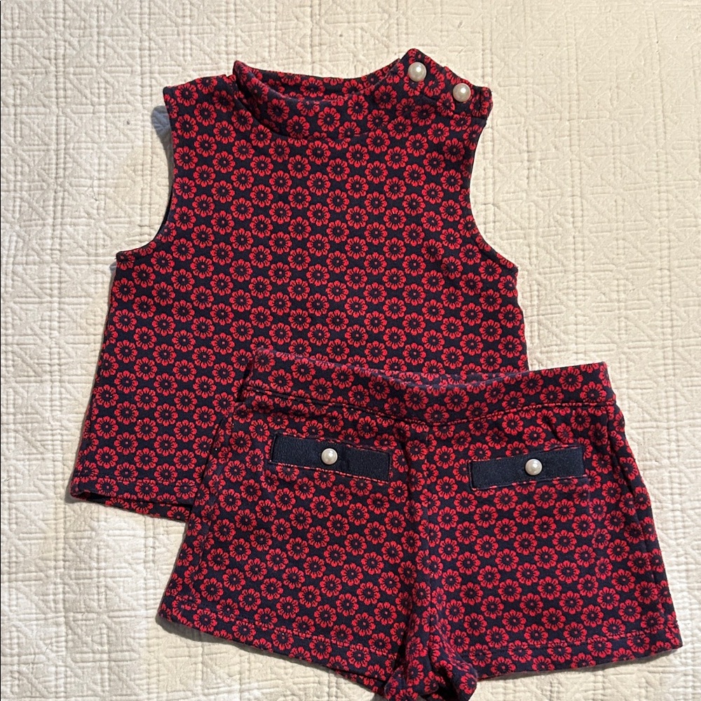 Red and Navy Patterned Sleeveless Top and Shorts Set